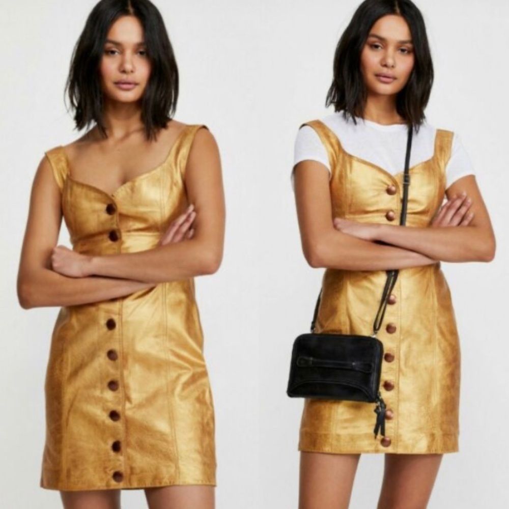 Free People Womens Goldie Mini Dress Gold Leather